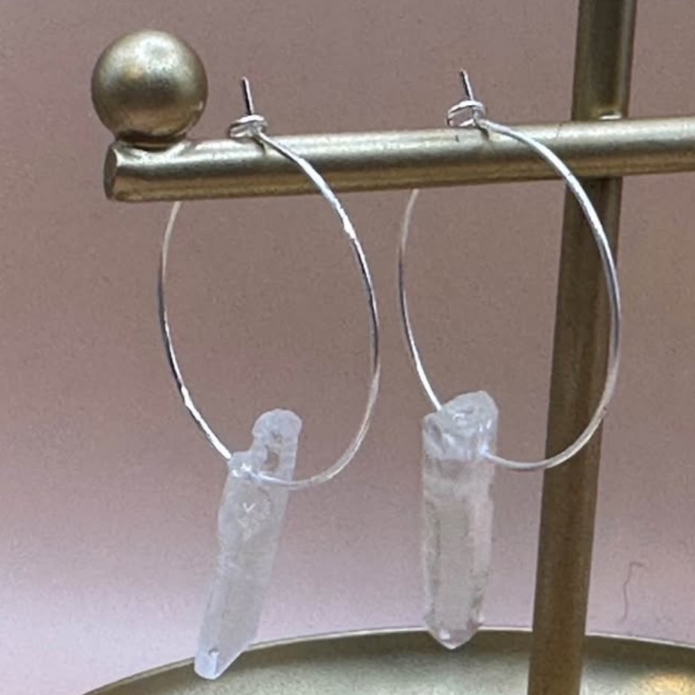 Chic Silver Hoop Earrings with Quartz Charms